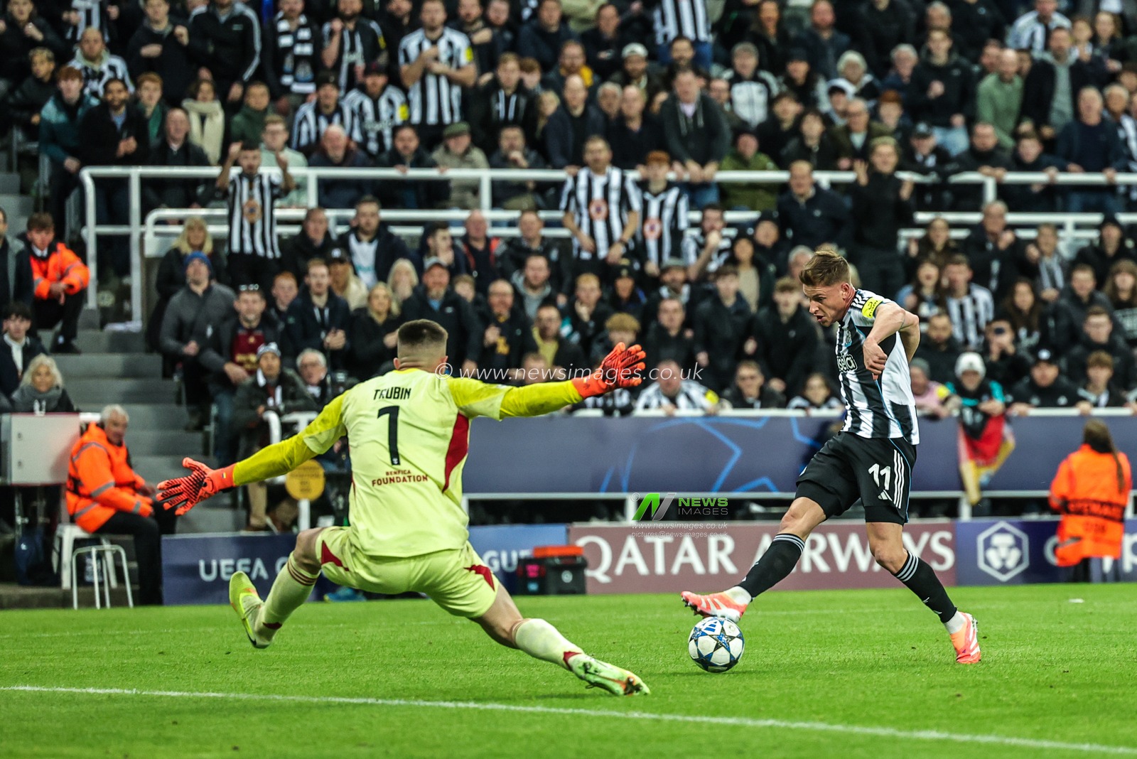 Harvey Barnes of Newcastle United scores to make it 2-0 during the UEFA Champions League Matchday 3 of 8 Newcastle United vs Benfica at St. James's Park, Newcastle, United Kingdom, 21st October 2025

(Photo by Mark Cosgrove/News Images)