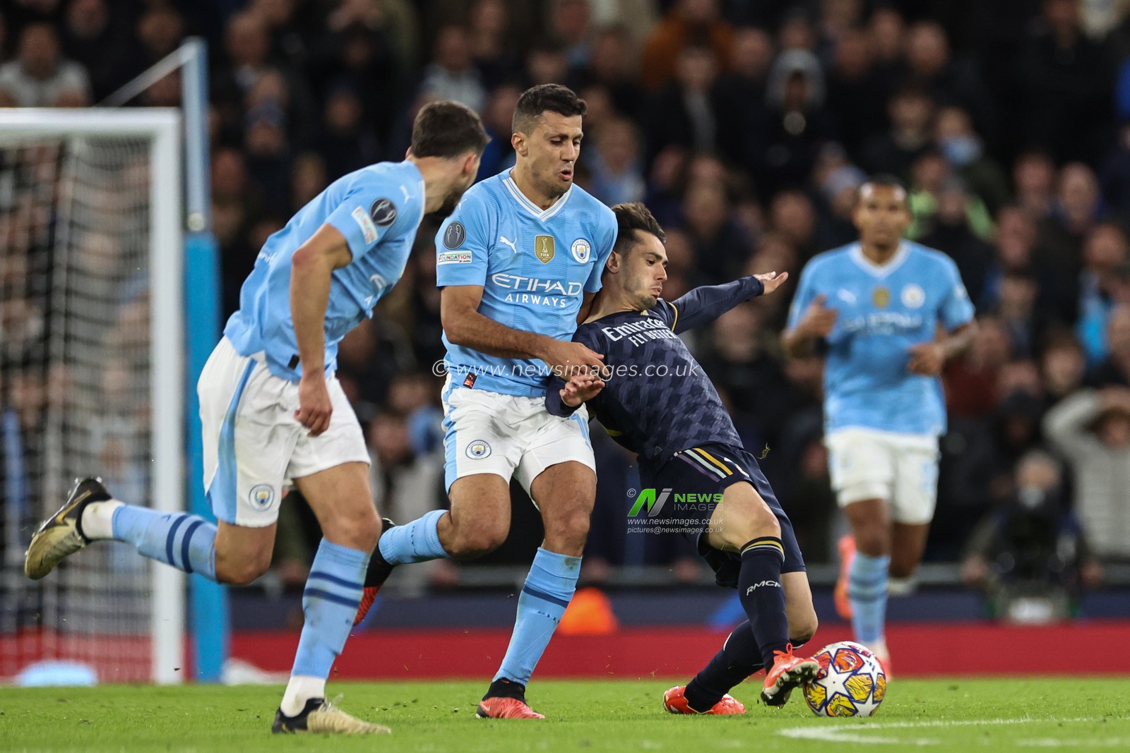 Rodri of Manchester City fouls Brahim DÃ­az of Real Madrid during the UEFA Champions League Quarter Final Manchester City vs Real Madrid at Etihad Stadium, Manchester, United Kingdom, 17th April 2024

(Photo by Mark Cosgrove/News Images)