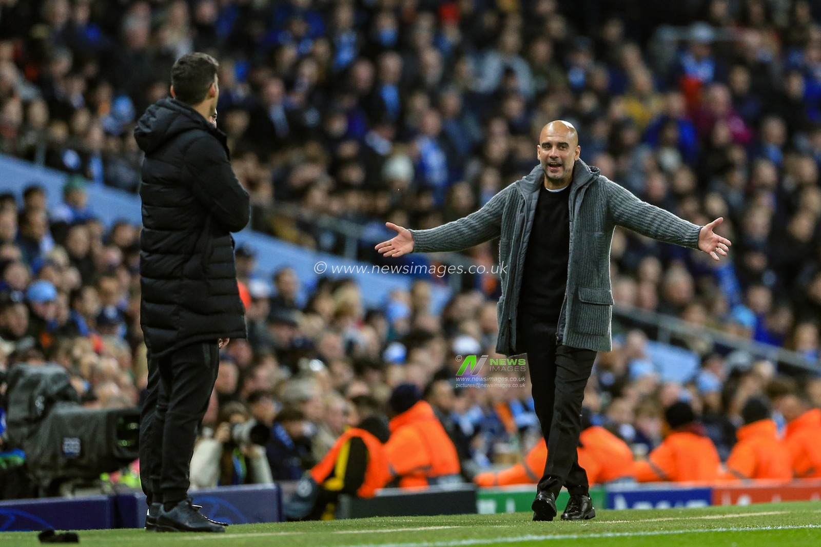 7th November 2018, Etihad Stadium, London, England; UEFA Champions League, Manchester City v Shakhtar Donetsk ;  Pep Guardiola manager of Manchester City is not happy with the fourth official and lets him know


Credit: Mark Cosgrove/News Images