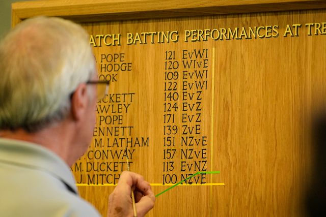 Daryl Mitchell of New Zealand has his name written into the honours board during the 3rd Rothesay Test Match Day 5 match England vs New Zealand at Trent Bridge, Nottingham, United Kingdom on 29 June 2026

(Photo by Maynard Manyowa/News Images)