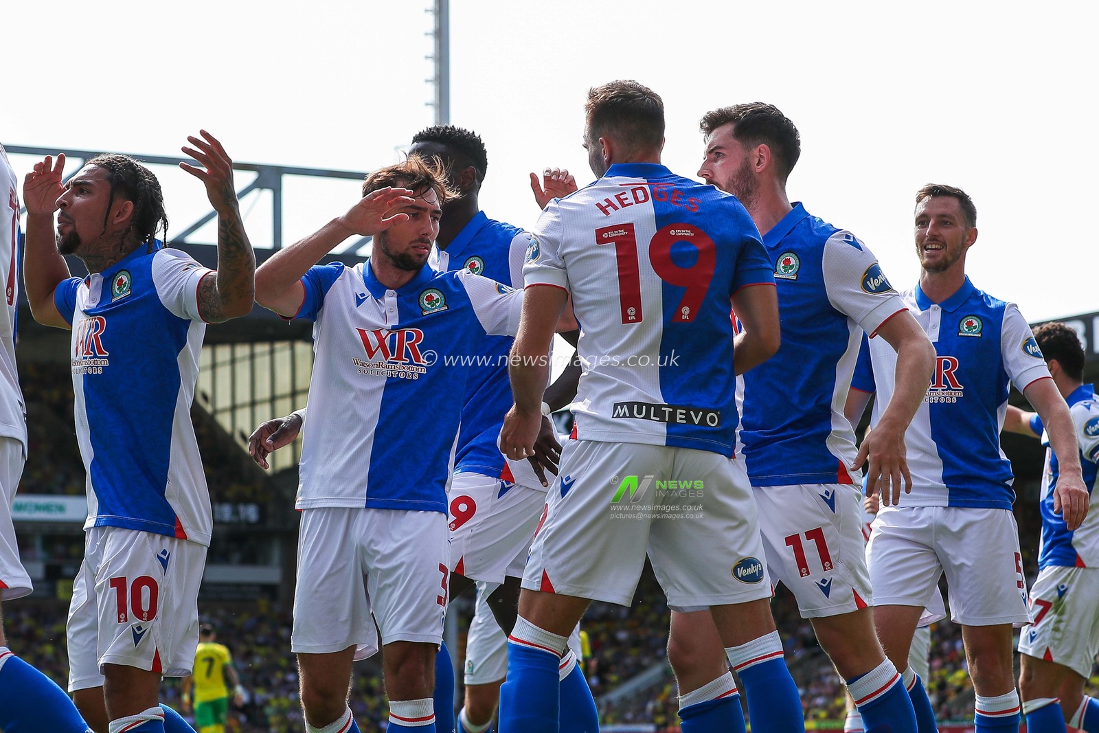 Ryan Hedges of Blackburn Rovers celebrates with teammates after scoring the team's first goal during the Sky Bet Championship match Norwich City vs Blackburn Rovers at Carrow Road, Norwich, United Kingdom, 17th August 2024

(Photo by Izzy Poles/News Images)