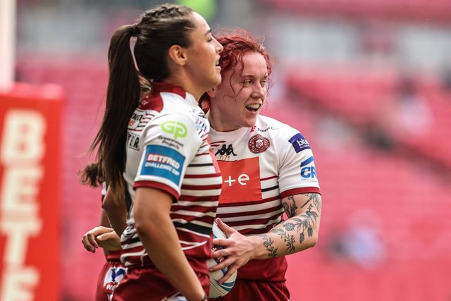 Eva Hunter celebrates her try during the Betfred Women's Challenge Cup Final Wigan Warriors vs St Helens at Wembley Stadium, London, United Kingdom on 30 May 2026

(Photo by Alfie Cosgrove/News Images)