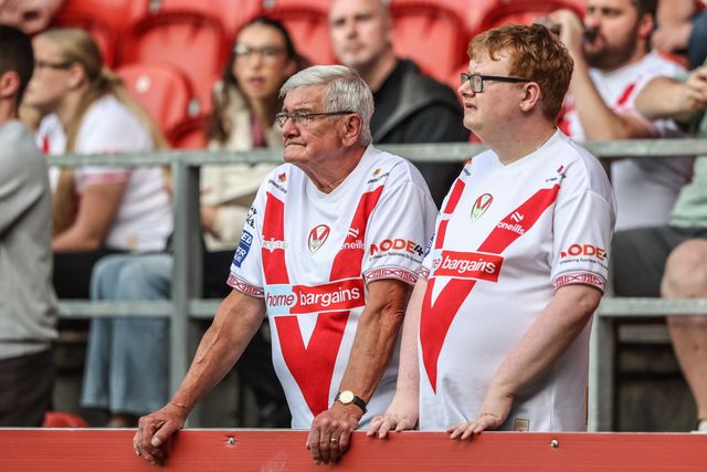 St Helens fans during the Betfred Super League round 19 match St Helens vs Leigh Leopards at Totally Wicked Stadium, St Helens, United Kingdom, 17th July 2025

(Photo by Alfie Cosgrove/News Images)