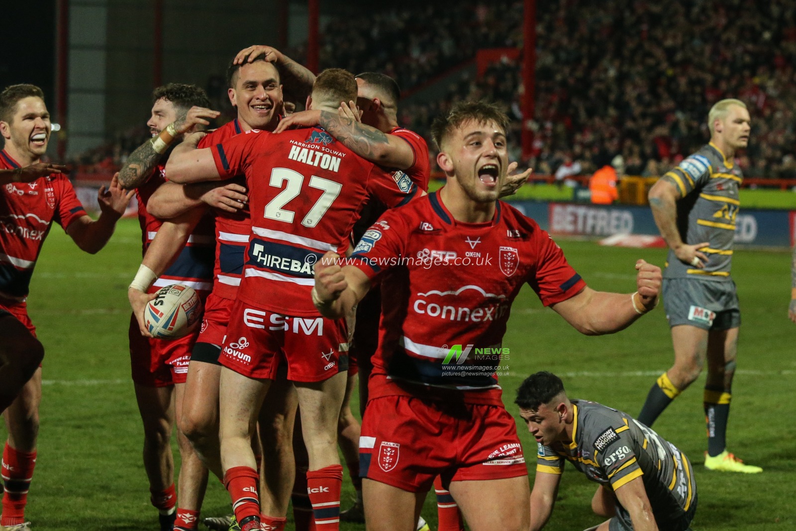 Brad Takairangi #3 of Hull KR celebrates his try which Mikey Lewis #20 of Hull KR really enjoys