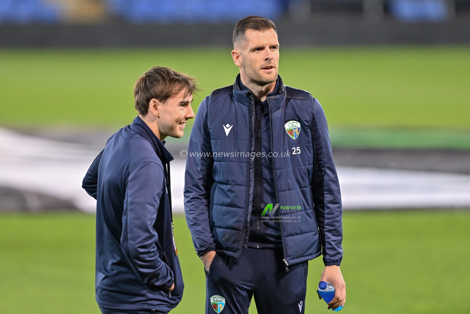 Connor Roberts of The New Saints speaks with Dan Williams of The New Saints as they inspect the pitch ahead of the UEFA Conference League match The New Saints vs Astana at New Meadow, Shrewsbury, United Kingdom, 24th October 2024

(Photo by Cody Froggatt/News Images)