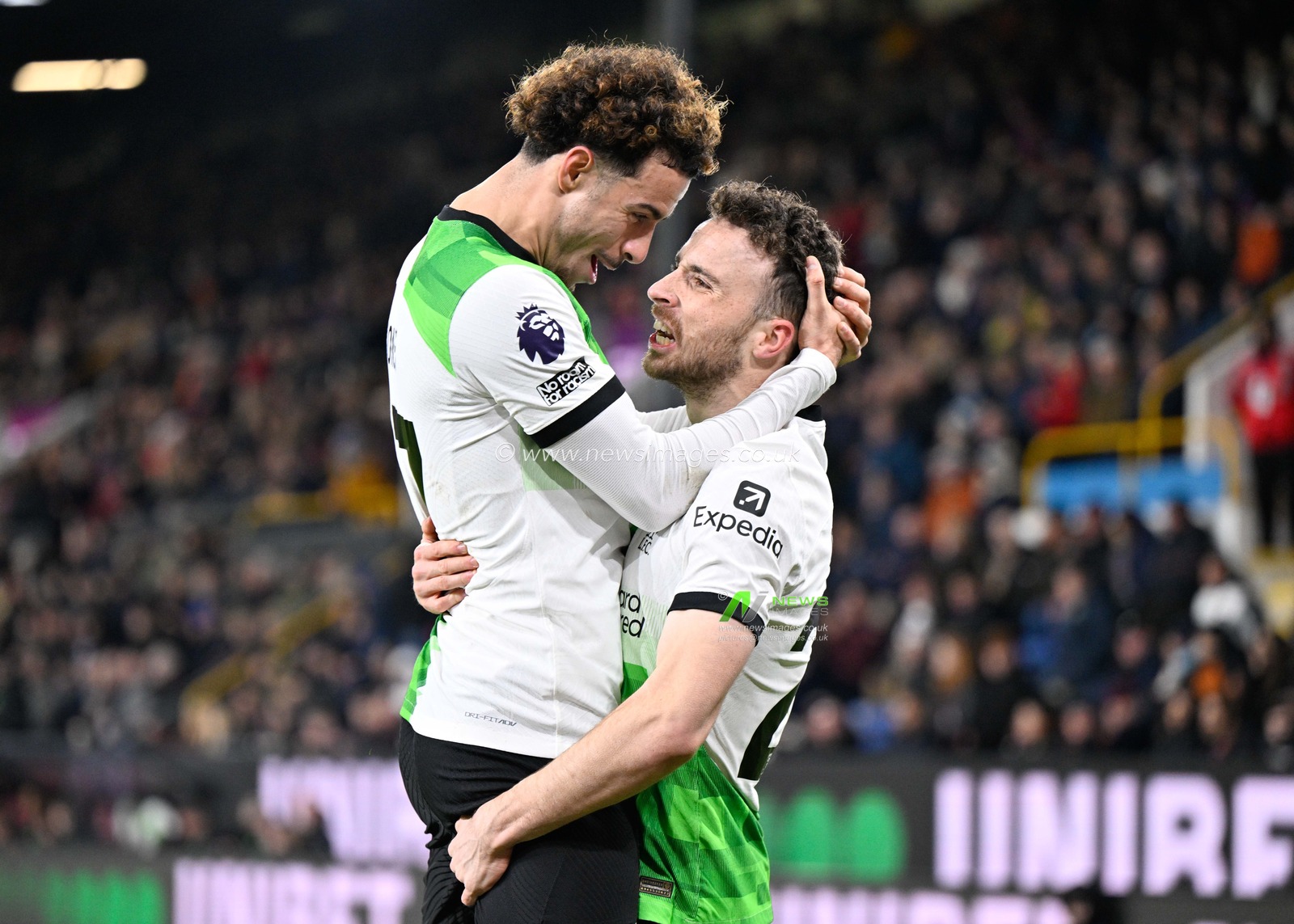 Diogo Jota 20# of Liverpool Football Club celebrates his goal to make it 0-2 to Liverpool with Curtis Jones 17# of Liverpool Football Club, during the Premier League match Burnley vs Liverpool at Turf Moor, Burnley, United Kingdom, 26th December 2023

(Photo by Cody Froggatt/News Images)