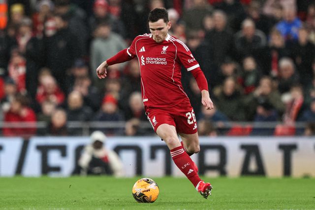 Andrew Robertson of Liverpool with the ball during the Emirates FA Cup Third Round match Liverpool vs Barnsley at Anfield, Liverpool, United Kingdom, 12th January 2026

(Photo by Alfie Cosgrove/News Images)