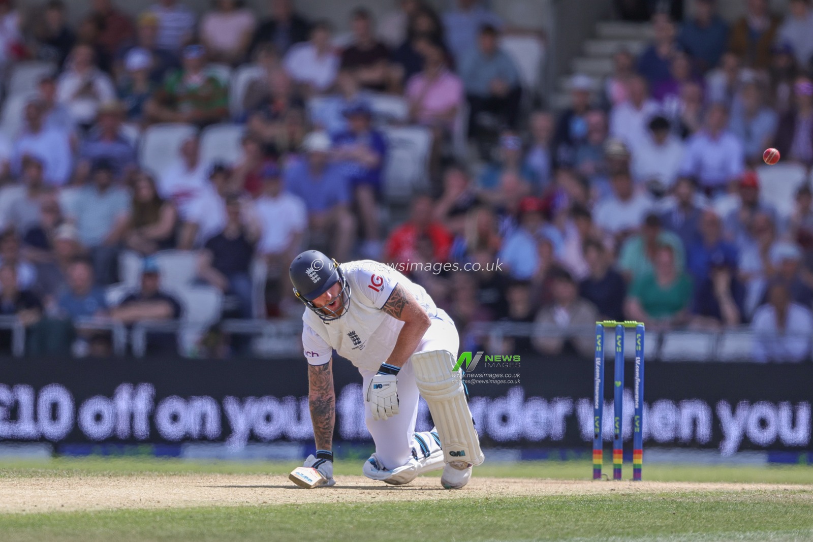 Ben Stokes of England is hit in the groin with the ball during the LV= Insurance Ashes Third Test Series Day 4 England vs Australia at Headingley Stadium, Leeds, United Kingdom, 9th July 2023

(Photo by Mark Cosgrove/News Images)
