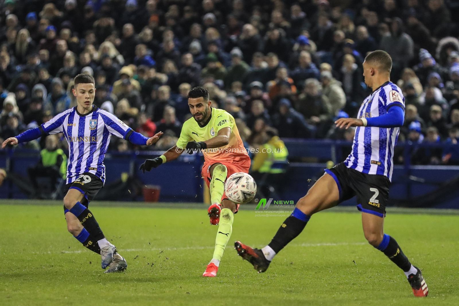 4th March 2020, Hillsborough, Sheffield, England; Emirates FA Cup FA Cup 5th Round, Sheffield Wednesday v Manchester City : Riyad Mahrez (26) of Manchester City shoots on goal, saved by Joe Wildsmith (28) of Sheffield Wednesday