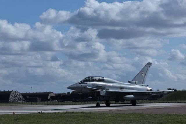 A RAF Eurofighter Typhoon FGR Mk4 taxies back to the pan during a flight training day at RAF Coningsby, Coningsby, United Kingdom, 22nd September 2025

(Photo by Mark Cosgrove/News Images)