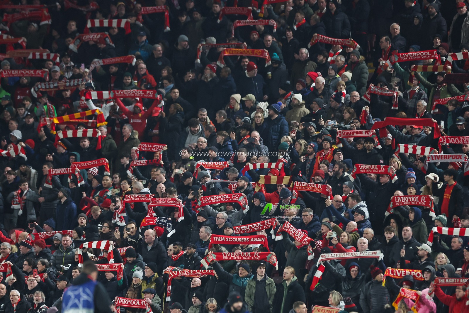Liverpool fans raise the scarfes ahead of  the UEFA Champions League - League Stage Liverpool v Lille at Anfield, Liverpool, United Kingdom, 21st January 2025

(Photo by Mark Cosgrove/News Images)
