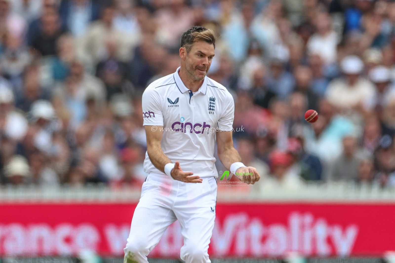 James Anderson of England drops the ball from Gudakesh Motie of West Indies during the Rothesay First Test Match Day Three England v West Indies at Lords, London, United Kingdom, 12th July 2024

(Photo by Mark Cosgrove/News Images)