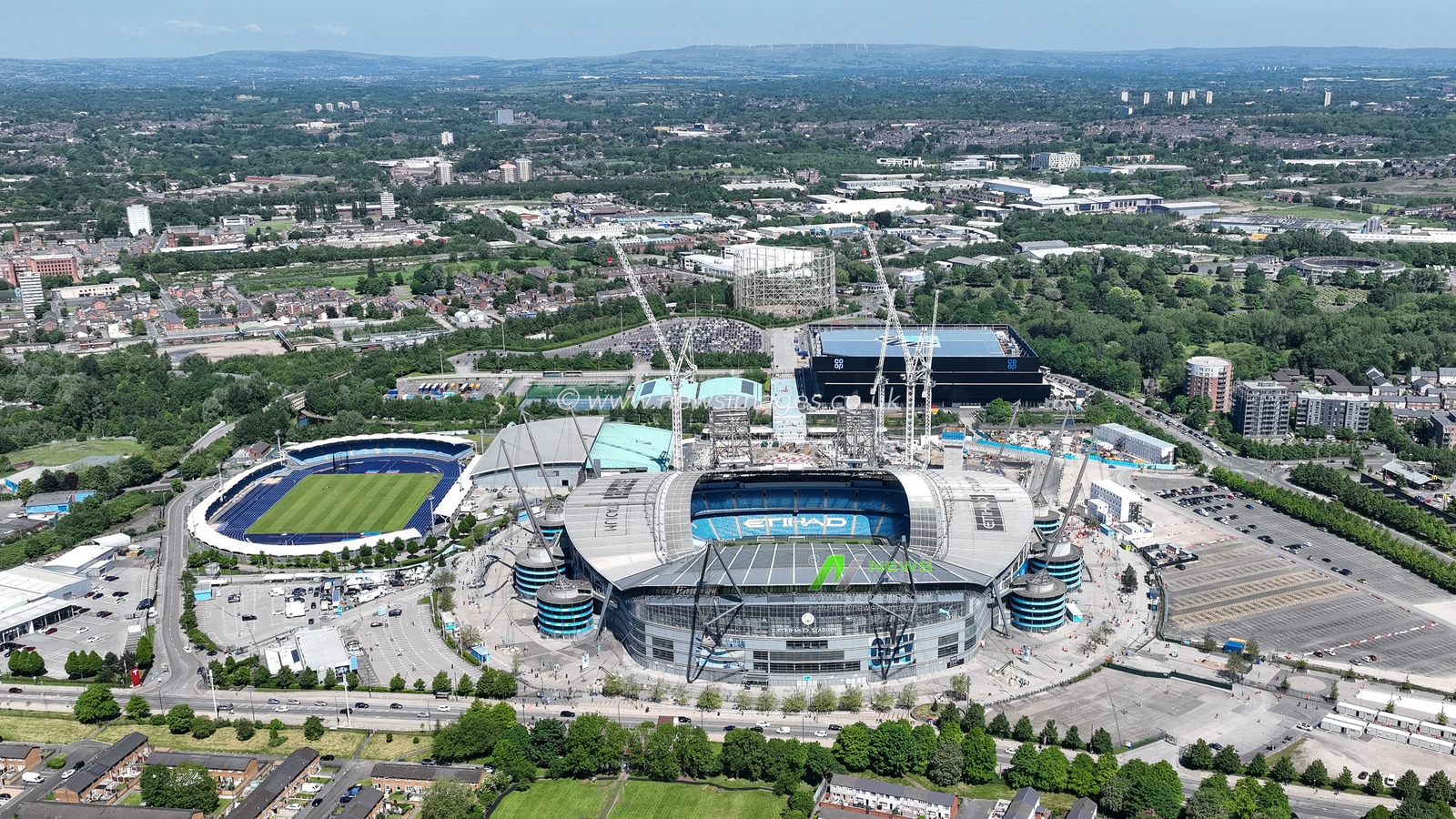 An aerial view of the Etihad Stadium ahead of the Premier League match Manchester City vs West Ham United at Etihad Stadium, Manchester, United Kingdom, 19th May 2024

(Photo by Mark Cosgrove/News Images)