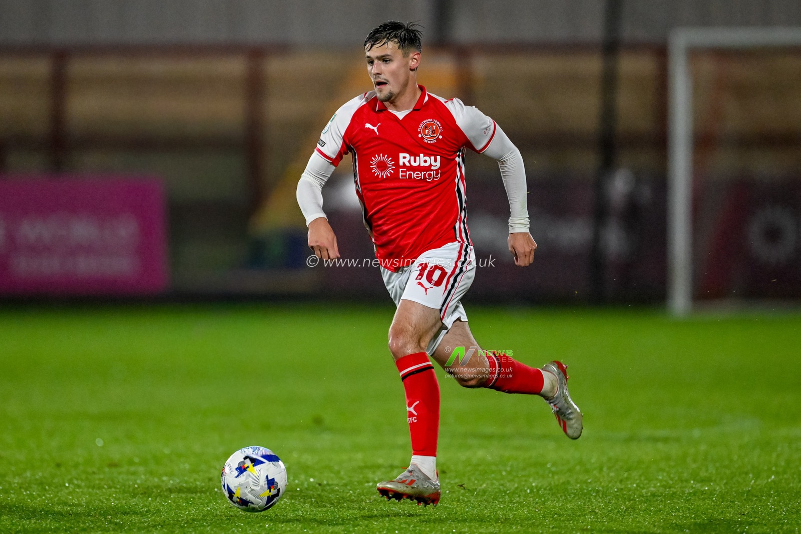 Mark Helm of Fleetwood Town  with ball running during the The Vertu Trophy match Fleetwood Town vs Leeds United Academy at Highbury Stadium, Fleetwood, United Kingdom, 7th October 2025

(Photo by Adam Gee/News Images)