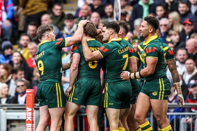 Angus Crichton of Australia celebrates his try during the The Ashes Series 2025 England vs Australia at Wembley Stadium, London, United Kingdom, 25th October 2025

(Photo by Alfie Cosgrove/News Images)