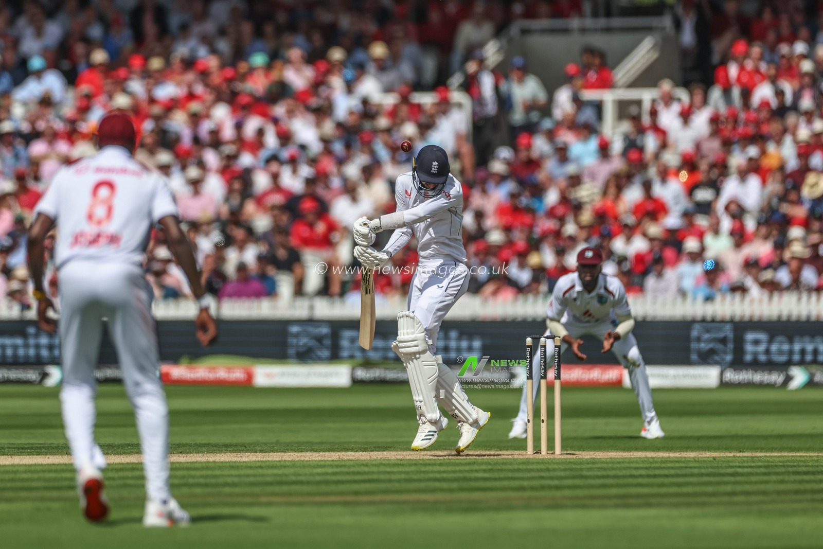 Dan Lawrence of England dodges a bouncer during the Rothesay Test Match Day Two England v West Indies at Lords, London, United Kingdom, 11th July 2024

(Photo by Mark Cosgrove/News Images)