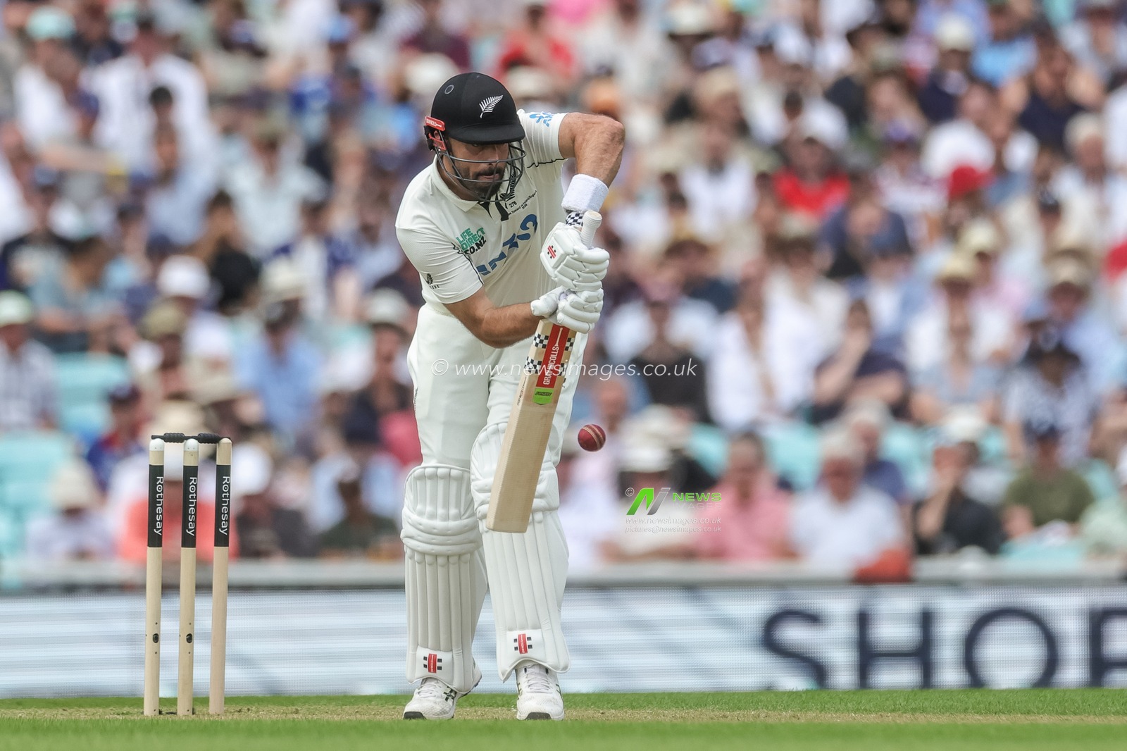 Daryl Mitchell of New Zealand hits the ball for two runs during the 2nd Rothesay Test Match Day 1 match England vs New Zealand at The Kia Oval, London, United Kingdom on 17 June 2026

(Photo by Mark Cosgrove/News Images)