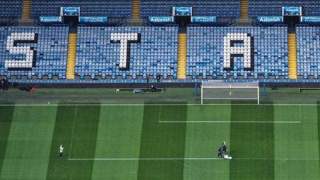 Ground staff mark the white lines around the penalty box during the Premier League match Leeds United vs Manchester City at Elland Road, Leeds, United Kingdom on 28 February 2026

(Photo by Mark Cosgrove/News Images)