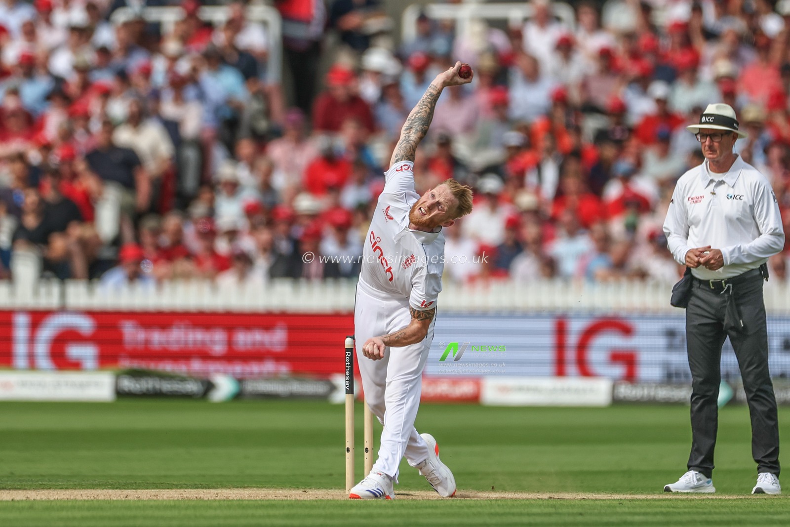 Ben Stokes of England delivers the ball during the Rothesay Test Match Day Two England v West Indies at Lords, London, United Kingdom, 11th July 2024

(Photo by Mark Cosgrove/News Images)