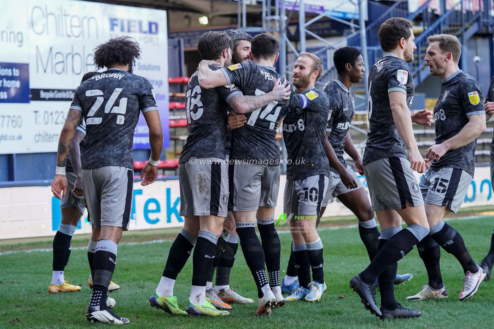 Josh Windass #18 of Sheffield Wednesday celebrates scoring the opening goal with his team mates