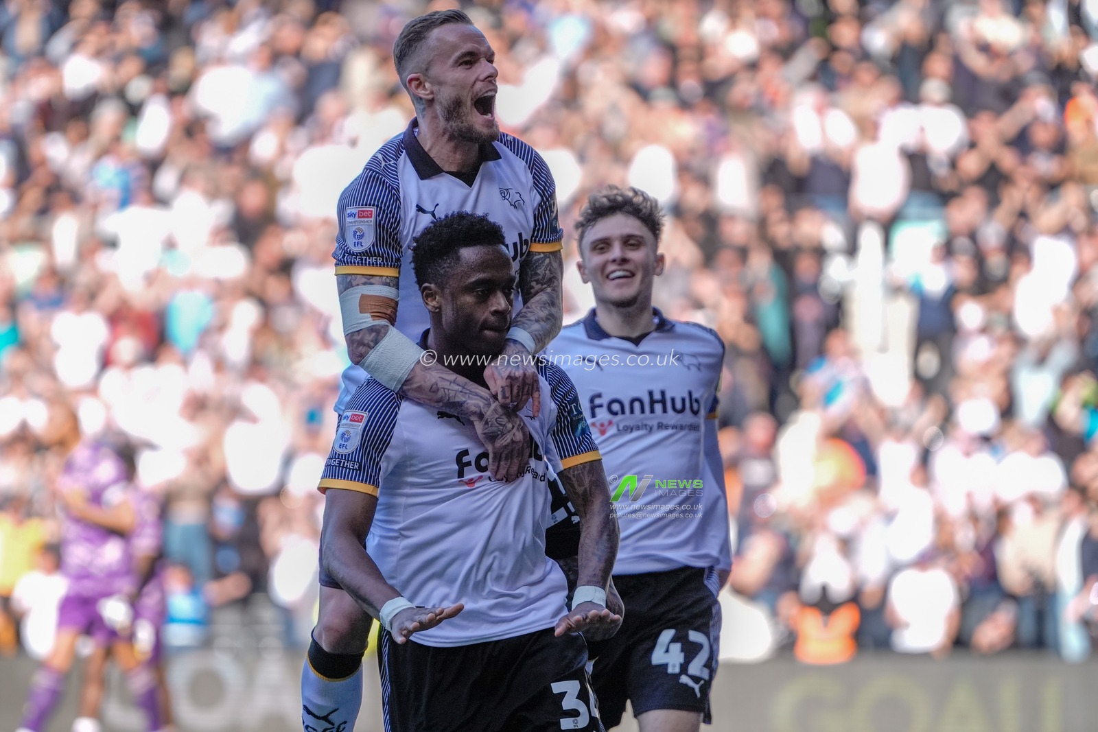 Jaydon Banel of Derby County celebrates his goal to make it  1-0 during the Sky Bet Championship match Derby County vs Stoke City at Pride Park Stadium, Derby, United Kingdom on 06 April 2026

(Photo by Maynard Manyowa/News Images)
