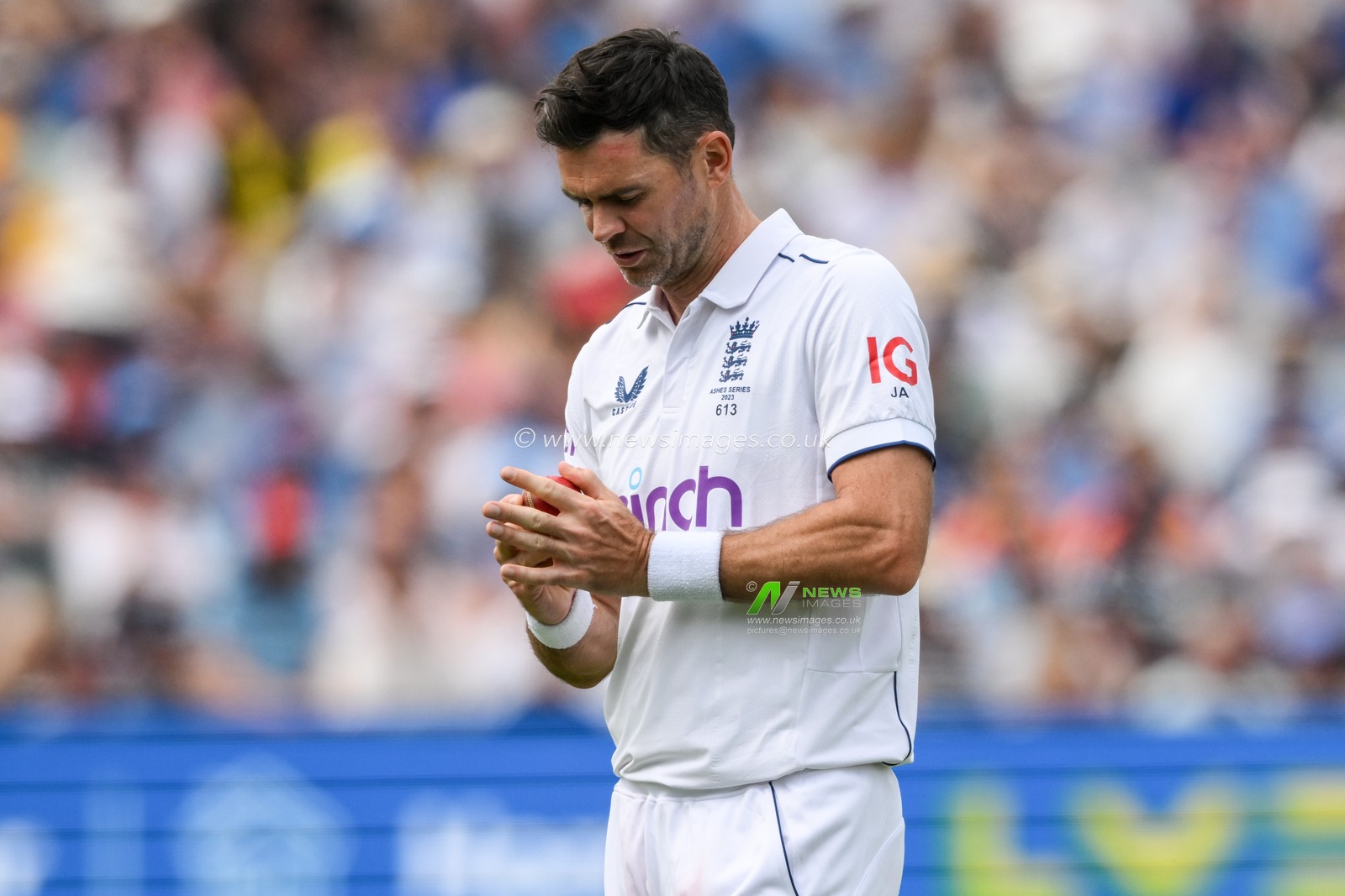 James Anderson of England polishes the ball before he bowls during the LV= Insurance Ashes First Test Series Day 2 England v Australia at Edgbaston, Birmingham, United Kingdom, 17th June 2023

(Photo by Craig Thomas/News Images)