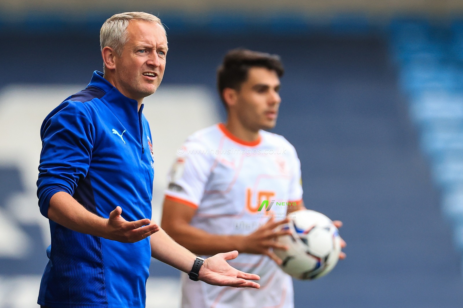 Neil Critchley Head Coach of Blackpool reacts to a decision in injury time