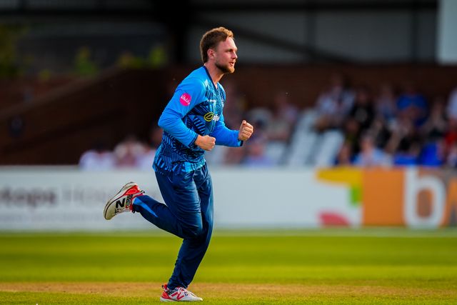 Jack Morley of Derbyshire celebrates taking the wicket of David Bedingham of Durham during the Vitality Blast T20 match between Derbyshire Falcons and Durham Cricket at The Central Co-Op County Ground, Derby, United Kingdom on 22 May 2026

(Photo by Maynard Manyowa/News Images)