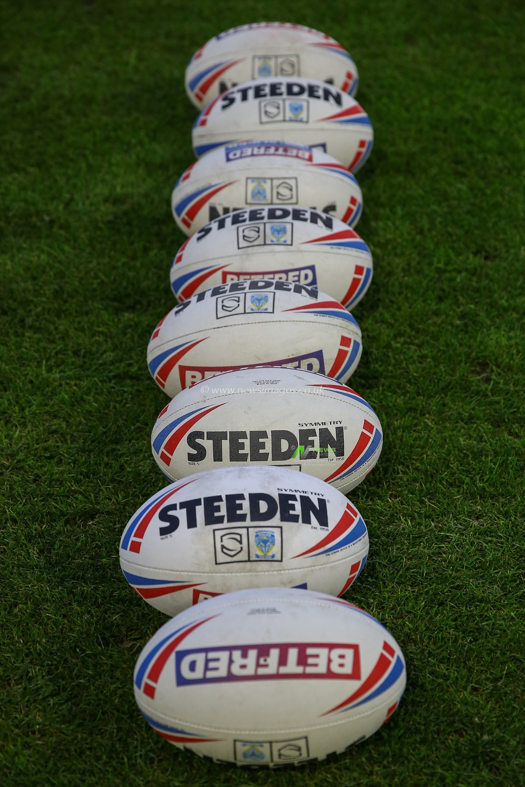 Warm up match balls are seen during the pre-game warm up ahead of the Betfred Super League Round 26 match Warrington Wolves vs St Helens at Halliwell Jones Stadium, Warrington, United Kingdom, 15th September 2023

(Photo by Gareth Evans/News Images)