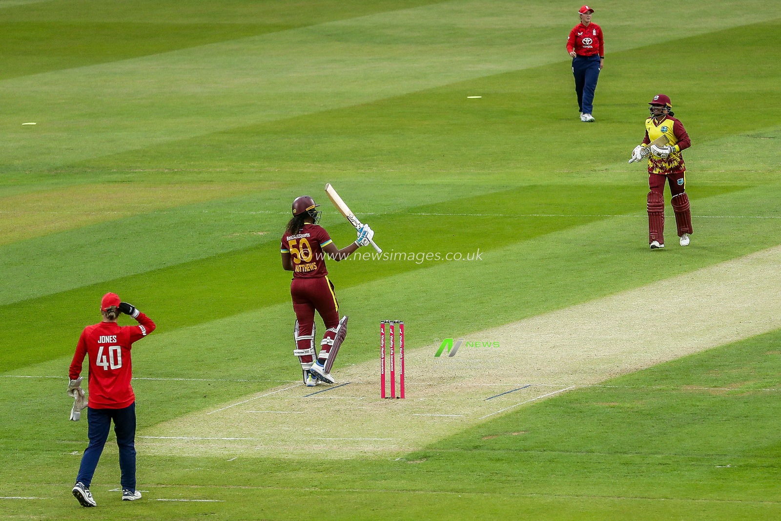 Hayley Matthews of West Indies Women celebrates a half century during the 3rd Vitality IT20 Series match England Women vs West Indies Women at The Cloud County Ground, Chelmsford, United Kingdom, 26th May 2025

(Photo by Izzy Poles/News Images)