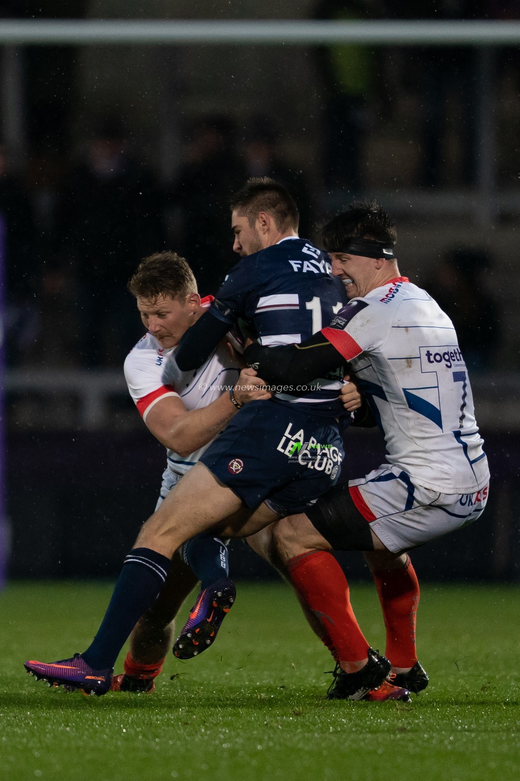 Bordeaux Belges's Geoffrey Cros is tackled by Sale Shark's Ben Curry (R)

15th December 2018, AJ Bell Stadium , Sale, England; European Rugby Challenge Cup, Sale v Bordeaux-Belges ; 

Credit: Terry Donnelly / News Images