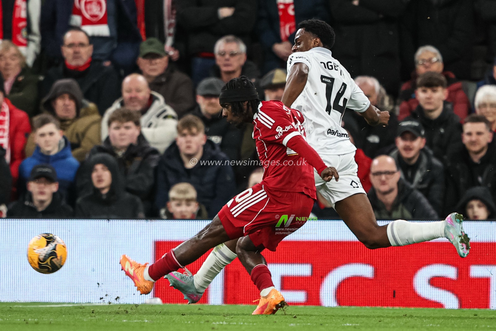 Jeremie Frimpong of Liverpool scores to make it 2-0 during the Emirates FA Cup Third Round match Liverpool vs Barnsley at Anfield, Liverpool, United Kingdom, 12th January 2026

(Photo by Alfie Cosgrove/News Images)