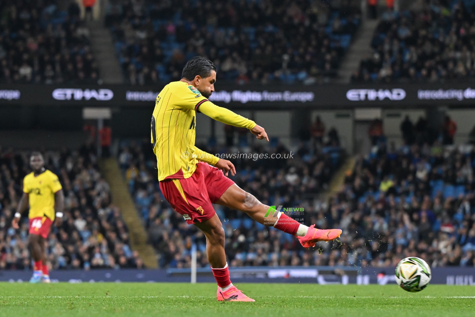 ImrÃ¢n Louza of Watford shoots on goal during the Carabao Cup match Manchester City vs Watford at Etihad Stadium, Manchester, United Kingdom, 24th September 2024

(Photo by Cody Froggatt/News Images)