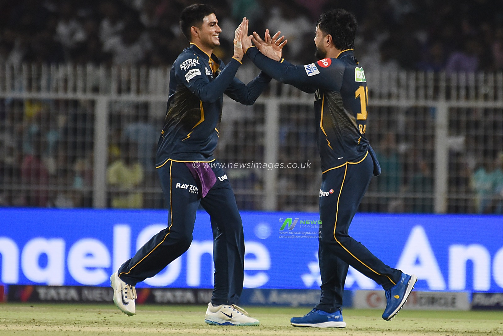 Gujarat Titans' Rashid Khan with  captain Shubman Gill celebrates with teammates after the dismissal of Kolkata Knight Riders' Andre Russell during the Indian Premier League cricket match between Kolkata Knight Riders and Gujarat Titans at Eden Gardens in Kolkata, India, Monday, April 21, 2025.Photo by Debajyoti Chakraborty.(Photo: Debajyoti Chakraborty/News Images)