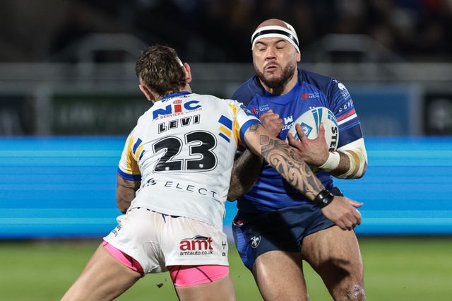 Jazz Tevaga of Wakefield Trinity is tackled by Danny Levi of Leeds Rhinos during the Betfred Challenge Cup round 4 match Wakefield Trinity vs Leeds Rhinos at DIY Kitchens Stadium, Wakefield, United Kingdom on 13 March 2026

(Photo by Mark Cosgrove/News Images)