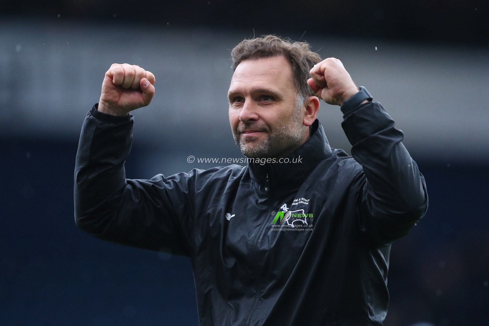 John Eustace manager of Derby County celebrates his teams win after the Sky Bet Championship match West Bromwich Albion vs Derby County at The Hawthorns, West Bromwich, United Kingdom, 21st April 2025

(Photo by Gareth Evans/News Images)