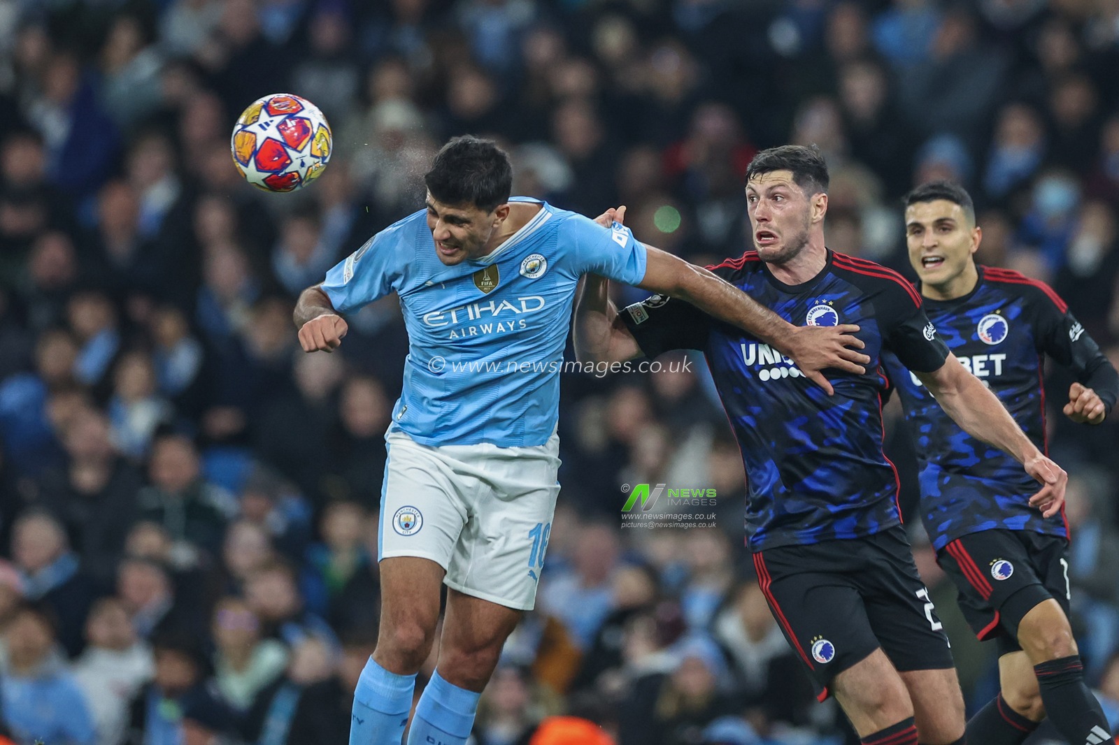 Rodri of Manchester City heads clear during the UEFA Champions League match Manchester City vs F.C. Copenhagen at Etihad Stadium, Manchester, United Kingdom, 6th March 2024

(Photo by Mark Cosgrove/News Images)