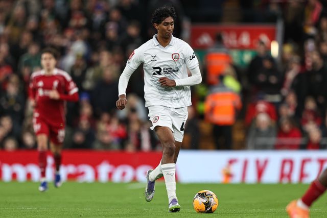 Vimal Yoganathan of Barnsley with the ball during the Emirates FA Cup Third Round match Liverpool vs Barnsley at Anfield, Liverpool, United Kingdom, 12th January 2026

(Photo by Alfie Cosgrove/News Images)