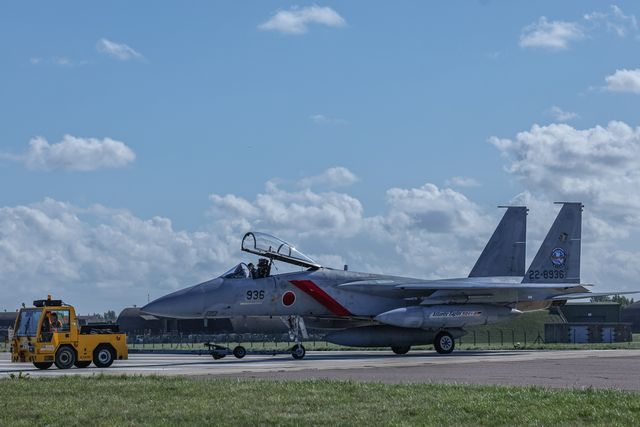 The Japan Air Self-Defense Force McDonnell Douglas F-15’s is taxied across the tarmac as The Japan Air Self-Defense Force (JASDF)
successfully competes the first fighter aircraft deployment to Europe in its 71-year history, as they join the United Kingdom’s Royal Air Force as they arrive at RAF Coningsby as part of the "Atlantic Eagles" mission. This landmark achievement strengthens defence cooperation between the United Kingdom and Japan whilst demonstrating the interconnected nature of global security at RAF Coningsby, Coningsby, United Kingdom, 22nd September 2025

(Photo by Mark Cosgrove/News Images)