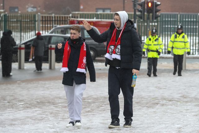 Fans make their way to Anfield in adverse snow and ice conditions during the Premier League match Liverpool vs Manchester United at Anfield, Liverpool, United Kingdom, 5th January 2025

(Photo by Gareth Evans/News Images)