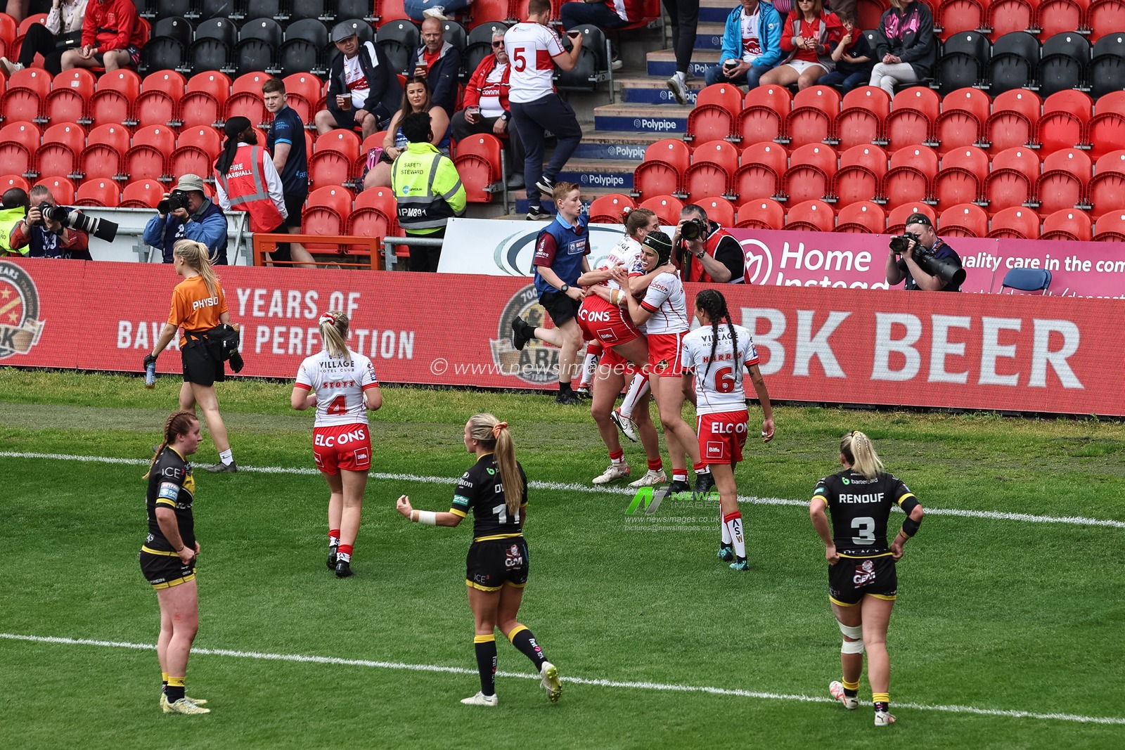 Phoebe Hook  of St Helens celebrates their try during the Betfred Women's Challenge Cup match St Helens Women vs York City Knights Women at Eco-Power Stadium, Doncaster, United Kingdom, 18th May 2024

(Photo by Mark Cosgrove/News Images)