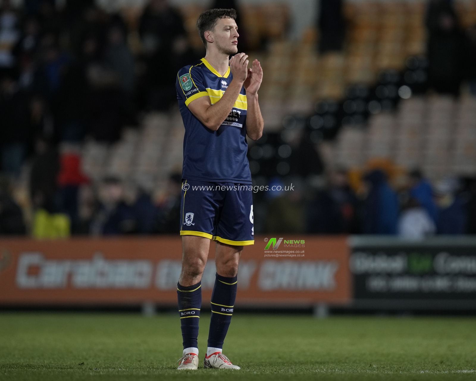 Dael Fry #6 of Middlesbrough salutes the fans after the Carabao Cup Quarter Final match Port Vale vs Middlesbrough at Vale Park, Burslem, United Kingdom, 19th December 2023

(Photo by Steve Flynn/News Images)