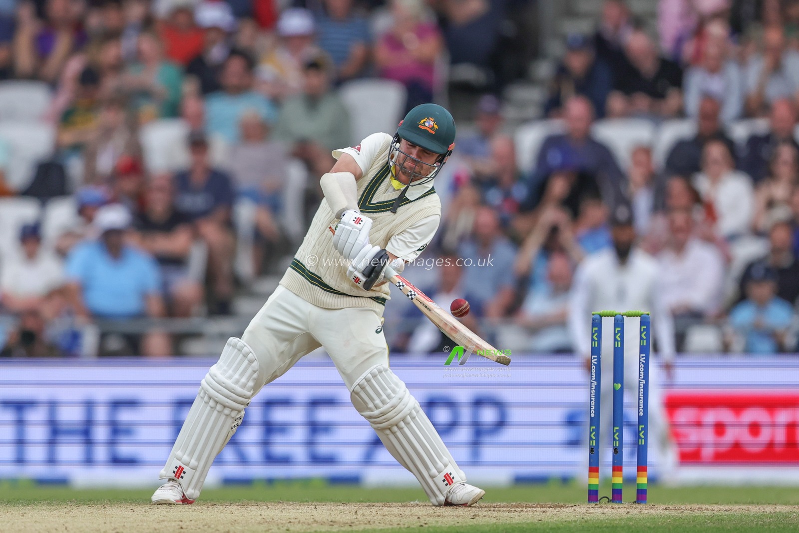 Travis Head of Australia drives the ball straight down the wicket to the boundary for four runs during the LV= Insurance Ashes Third Test Series Day 3 England v Australia at Headingley Stadium, Leeds, United Kingdom, 8th July 2023

(Photo by Mark Cosgrove/News Images)