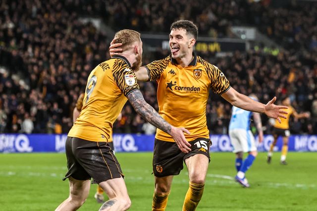 John Egan of Hull City celebrates his goal to make it 3-2 during the Sky Bet Championship match Hull City vs Derby County at MKM Stadium, Hull, United Kingdom on 24 February 2026

(Photo by Alfie Cosgrove/News Images)