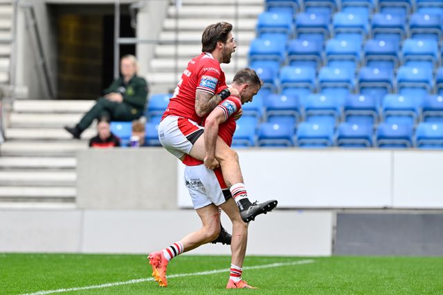 Ryan Brierley of Salford Red Devils celebrates his try to make it 10-6 Salford during the Betfred Super League Round 16 match Salford Red Devils vs Hull FC at Salford Community Stadium, Eccles, United Kingdom, 7th July 2024

(Photo by Cody Froggatt/News Images)