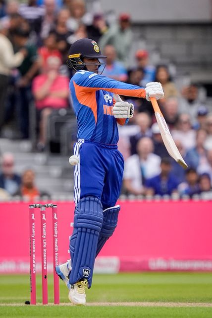 Abhishek Sharma of India hit on the hand while batting during the Second Vitality T20 International match England vs India at Old Trafford, Manchester, United Kingdom on 04 July 2026

(Photo by Maynard Manyowa/News Images)