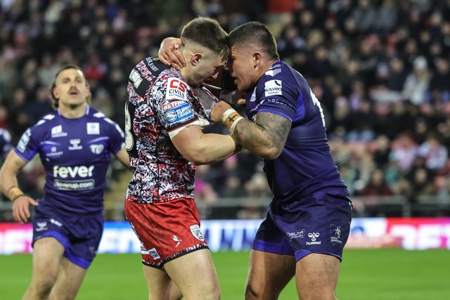 An altercation between Ryan Brown of Leigh Leopards and Joe Cator of Toulouse Olympique during the Betfred Super League round 6 match Leigh Leopards vs Toulouse at Leigh Sports Village, Leigh, United Kingdom on 28 March 2026

(Photo by Mark Cosgrove/News Images)