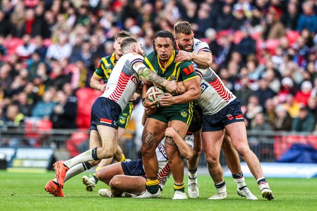 Tino Fa’asuamaleaui of Australia is tackled during the The Ashes Series 2025 England vs Australia at Wembley Stadium, London, United Kingdom, 25th October 2025

(Photo by Alfie Cosgrove/News Images)