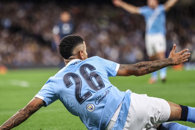 Savinho of Manchester City appeals for a foul on the edge of the box during the UEFA Champions League 2025/26 Phase MD1 Manchester City vs Napoli League at The City of Manchester Stadium, Manchester, United Kingdom, 18th September 2025

(Photo by Alfie Cosgrove/News Images)