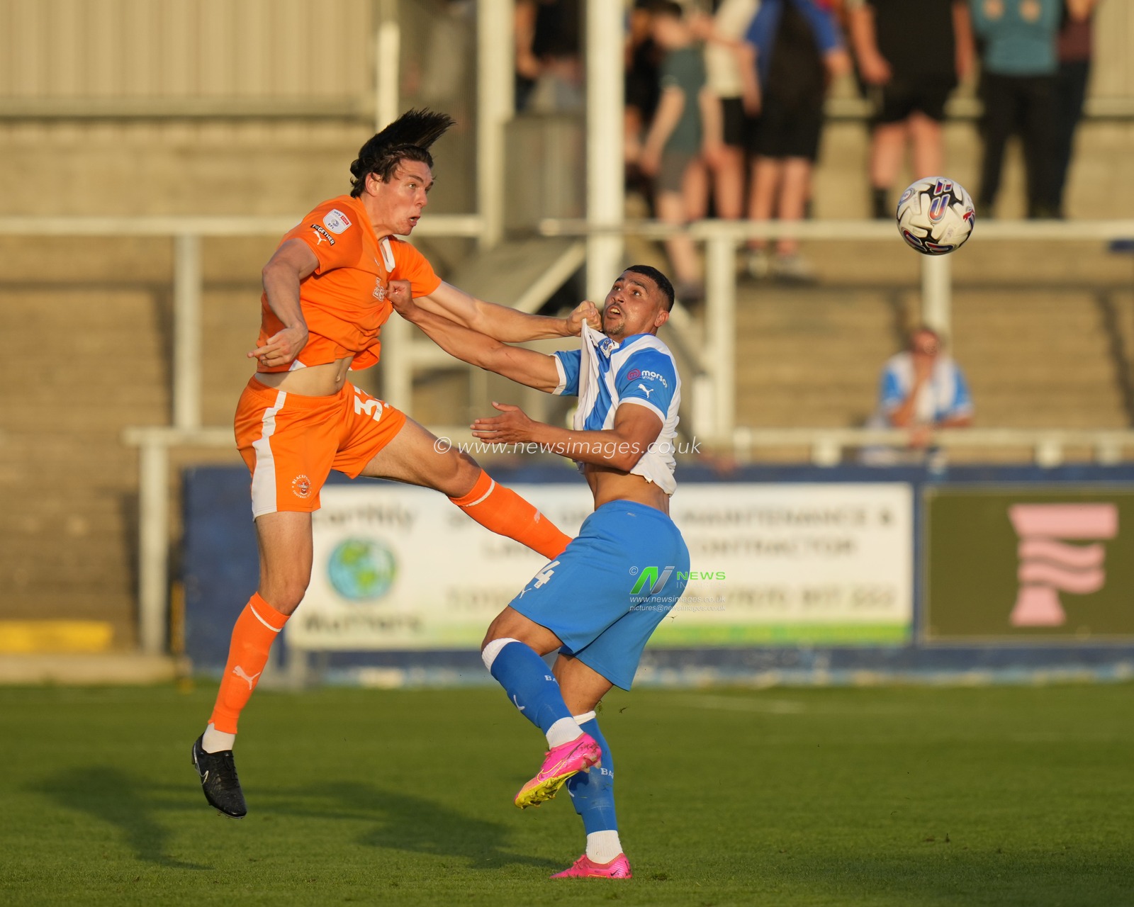 Courtney Duffus #14 of Barrow competes for a header with Doug Tharme #33 of Blackpoolduring the EFL Trophy match Barrow vs Blackpool at SO Legal Stadium, Barrow-in-Furness, United Kingdom, 5th September 2023

(Photo by Steve Flynn/News Images)